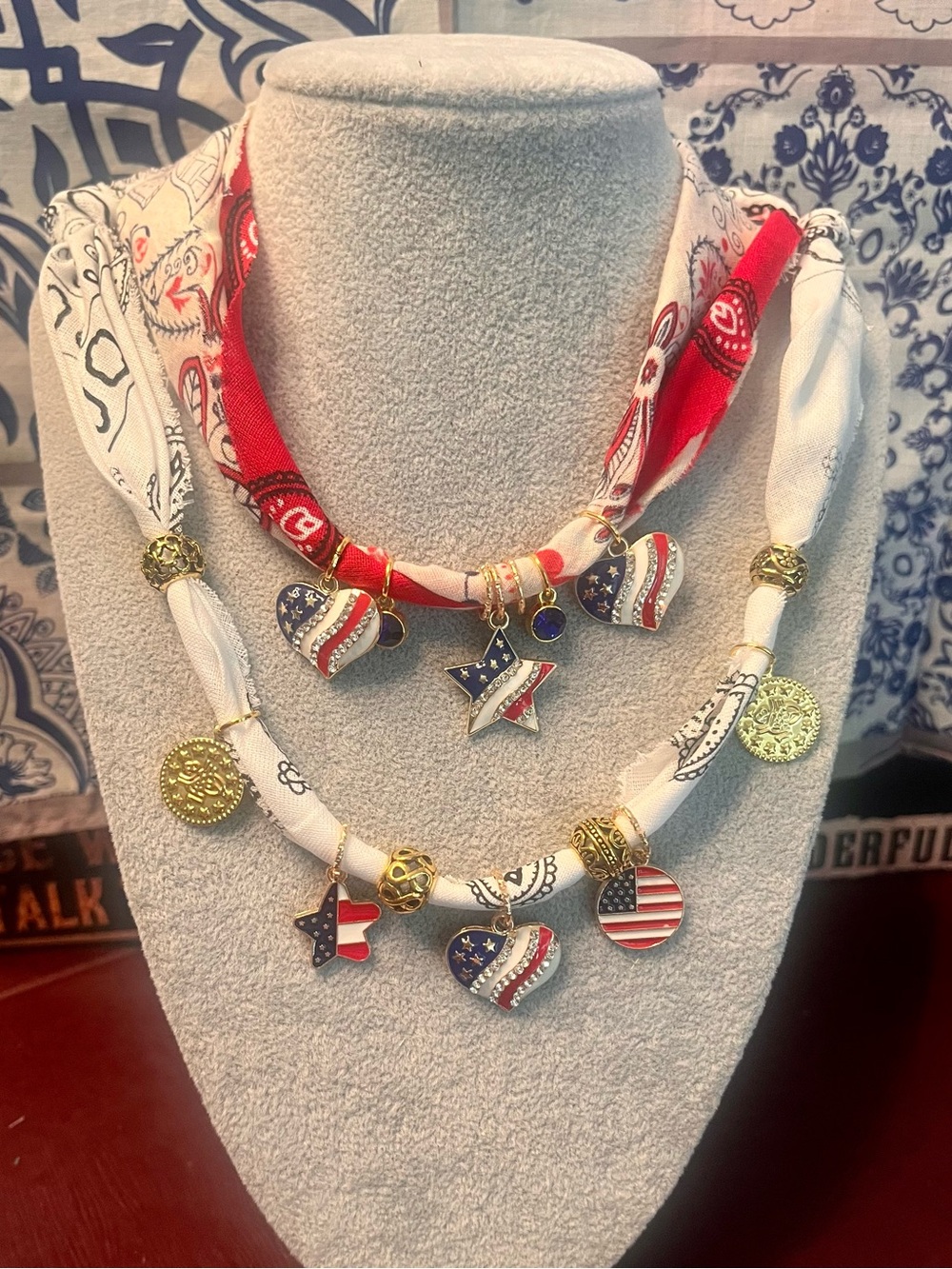 White Patriotic Boho Bandana Charm Necklace with Gold Accents, Patriotic Charms